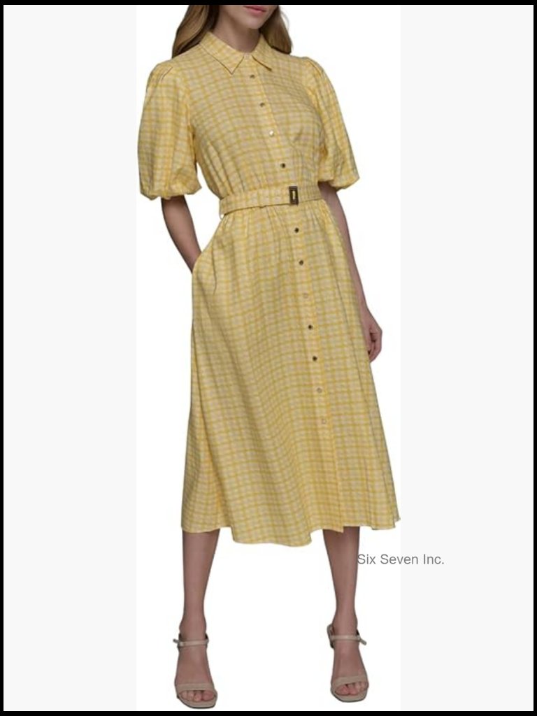 Collared Puff Sleeve Midi Dress With 3/4 Sleeve